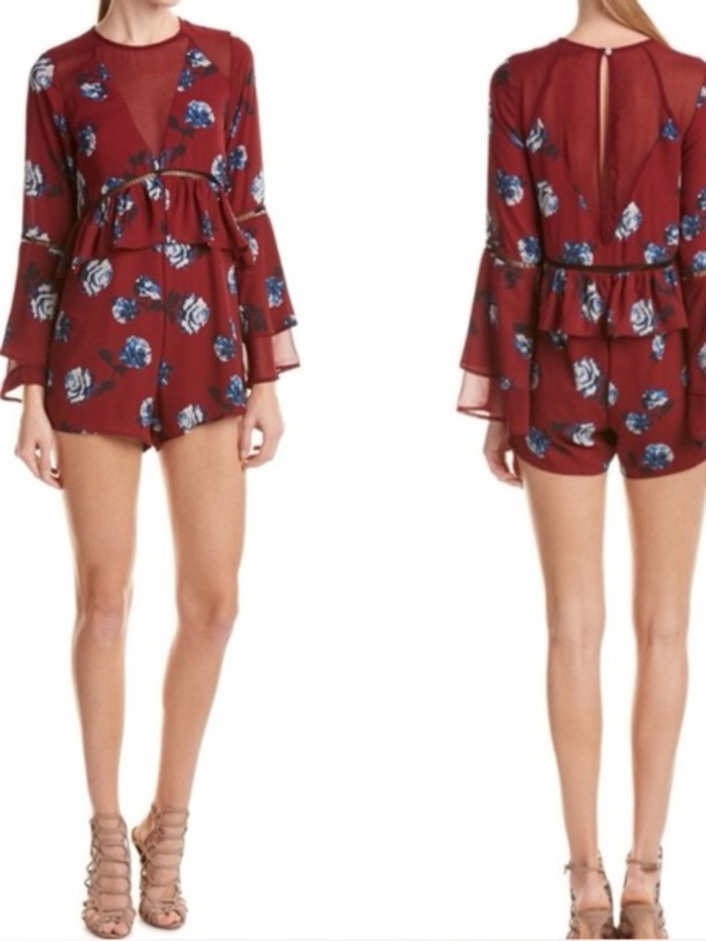 Gianni Bini Floral Romper Small Burgundy Sheer Ruffle Bell Sleeve